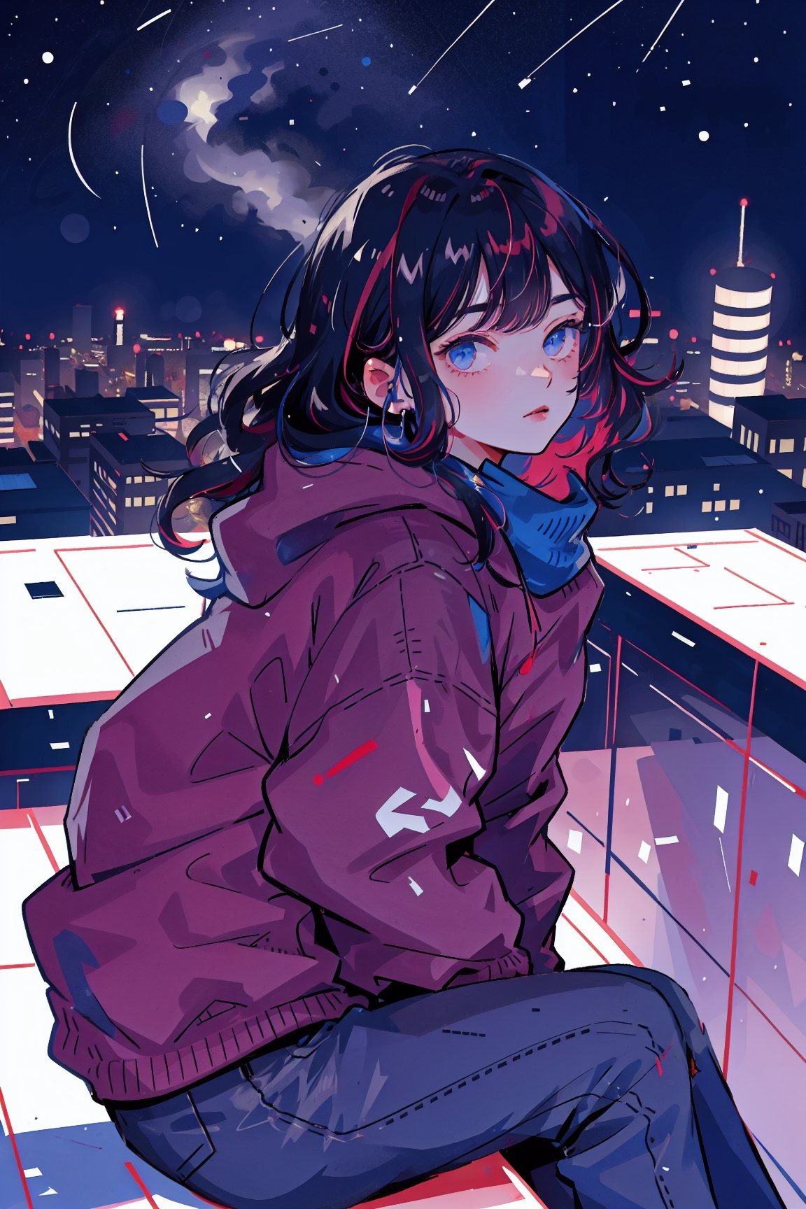 A girl sits on the rooftop, gazing up at the starry sky. The photograph captures only her silhouette, concealing her face.