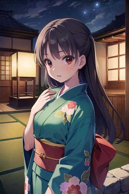 (Superb quality,  High resolution,  Masterpiece: 1.3),  Perfectly formed beauty: 1.5,  (Beautiful landscape),  ((pitch dark night)),  black hair,  Wearing kimono,  One person,  (green kimono),  (She has beautiful large Japanese lantern.),  Beautiful girl,  School girl,  Floral kimono,  Fancy kimono design, Great kimono designs,