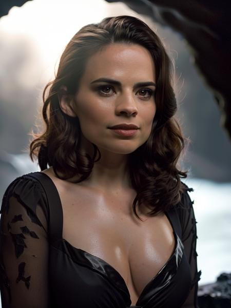 Cinematic film still, full body, of Hayley Atwell, ((naked)), seductive look, ((detailed facial features)), (dark cave:1.2), (cold colors), intricate details, shallow depth of field, [volumetric fog], cinematic lighting, reflections, photographed on a Canon EOS R5, 50mm lens, F/2.8, HDR, 8k resolution, cinematic film still from The Expanse