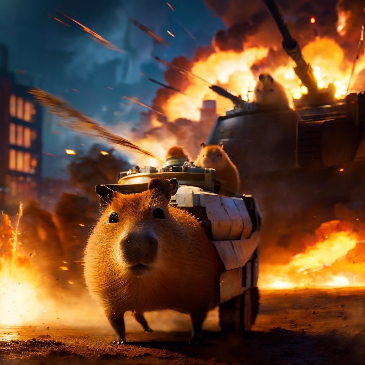 anime, masterpiece, best quality, absurdres, highres, ultra detailed, ((capybara on a tank)),  (kawaii:1.3), (anime:1.4), cute, round eyes, capybara wears sunglasses and a military cap, city, (explosion:1.2), capybara