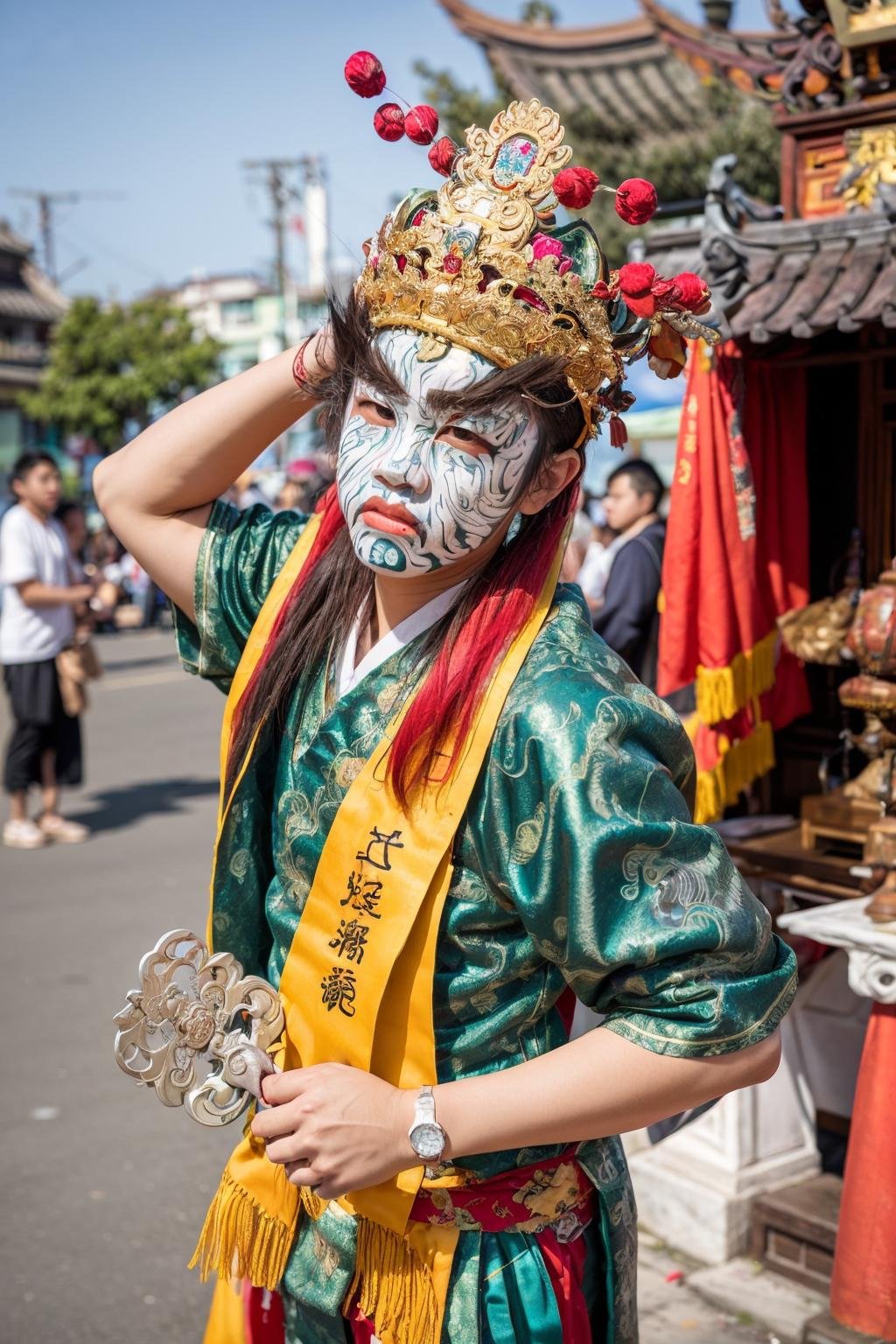 ((1boy)),(a chinese man),nice hands,perfect hands,cowboy shot,<lora:twgod-000012:0.7>,twgod,Taiwanese hell police,pauldrons,helmet,holding handcuffs,holding timtoken,timtoken,outdoors,temple,chinese style architecture,(8k, RAW photo, best quality, masterpiece:1.2),(realistic, photo-realistic:1.37),(exquisitely detailed),ultra_color,high quality,ultra detailed,(Real picture),(realistic skin),(intricate details),<lora:FilmG2:0.5>,<lora:more_details:0.3>,<lora:add_detail:0.2>,<lora:GoodHands-vanilla:1>,