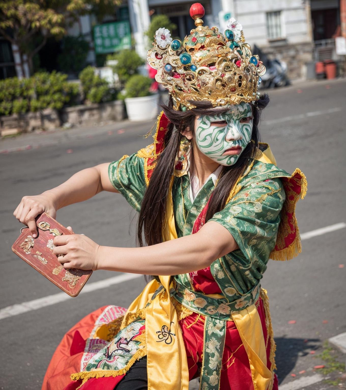 ((1boy)),(a chinese man),nice hands,perfect hands,full body,<lora:twgod-000012:0.7>,twgod,Taiwanese hell police,pauldrons,helmet,holding handcuffs,holding timtoken,timtoken,outdoors,temple,chinese style architecture,(8k, RAW photo, best quality, masterpiece:1.2),(realistic, photo-realistic:1.37),(exquisitely detailed),ultra_color,high quality,ultra detailed,(Real picture),(realistic skin),(intricate details),<lora:FilmG2:0.5>,<lora:more_details:0.3>,<lora:add_detail:0.2>,<lora:GoodHands-vanilla:1>,