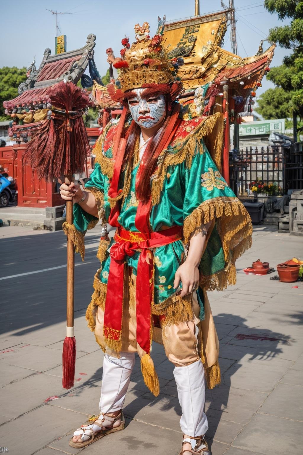 ((1man)),(a chinese man),nice hands,perfect hands,full body,standing,<lora:twgod-000012:0.7>,twgod,Taiwanese hell police,pauldrons,helmet,guanJianShou,holding polearm,outdoors,temple,chinese style architecture,(8k, RAW photo, best quality, masterpiece:1.2),(realistic, photo-realistic:1.37),(exquisitely detailed),ultra_color,high quality,ultra detailed,(Real picture),(realistic skin),(intricate details),<lora:FilmG2:0.5>,<lora:more_details:0.3>,<lora:add_detail:0.2>,<lora:GoodHands-vanilla:1>,