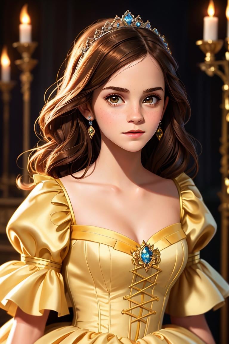 (princess),emma watson, belle from beauty and the beast,disney style,cute girl,full shot body, most beautiful artwork in the world, professional majestic oil painting, trending on ArtStation, trending on CGSociety, Intricate, High Detail, Sharp focus, sharp image,hd, realistic reflects,dramatic, photorealistic painting art, catoonized, pinterest,