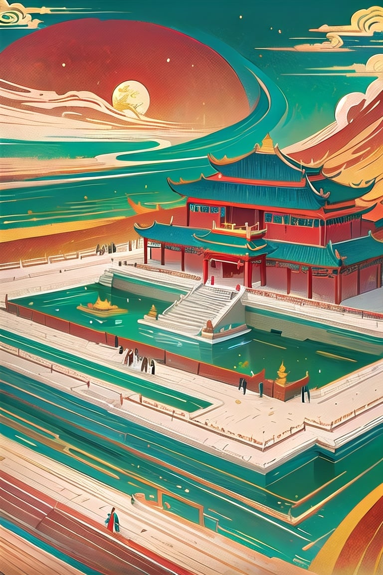 flat illustration,Chinese palace,gold, red,retrostrong contrast