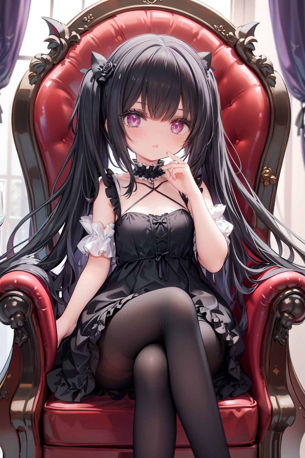 masterpiece, ((best quality)), (ultra-detailed), (illustration), an extremely delicate and beautiful girl, dynamic angle, chromatic aberration, ((colorful)),//,1girls,loli,(petite child:1.1),//,(in Gothic castle),girl with black hair,red eyes,Vertical pupil,long hair,hair arrangement,(Detailed face description),(batwing),(Gothic Lolita),(bat tail),alccandlestick,Cathedral glass,,short skirt,black pantyhose,red lace,high heels,rose tattoo,throne,sitting,crossed legs,//,