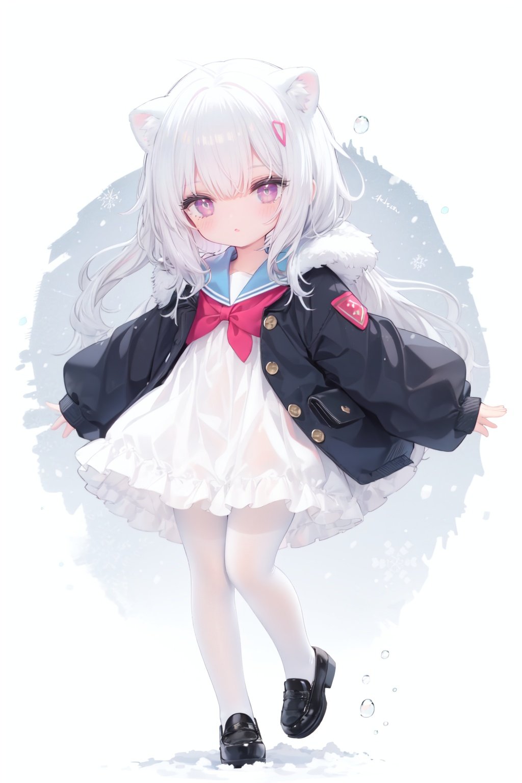 cute,Infant,solo blue shirt,blue sailor coat,loli,full body,white hair,snow leopard ear,white background,pink eyes,laugh,happy,white pantihose,white pantyhose,red armband,