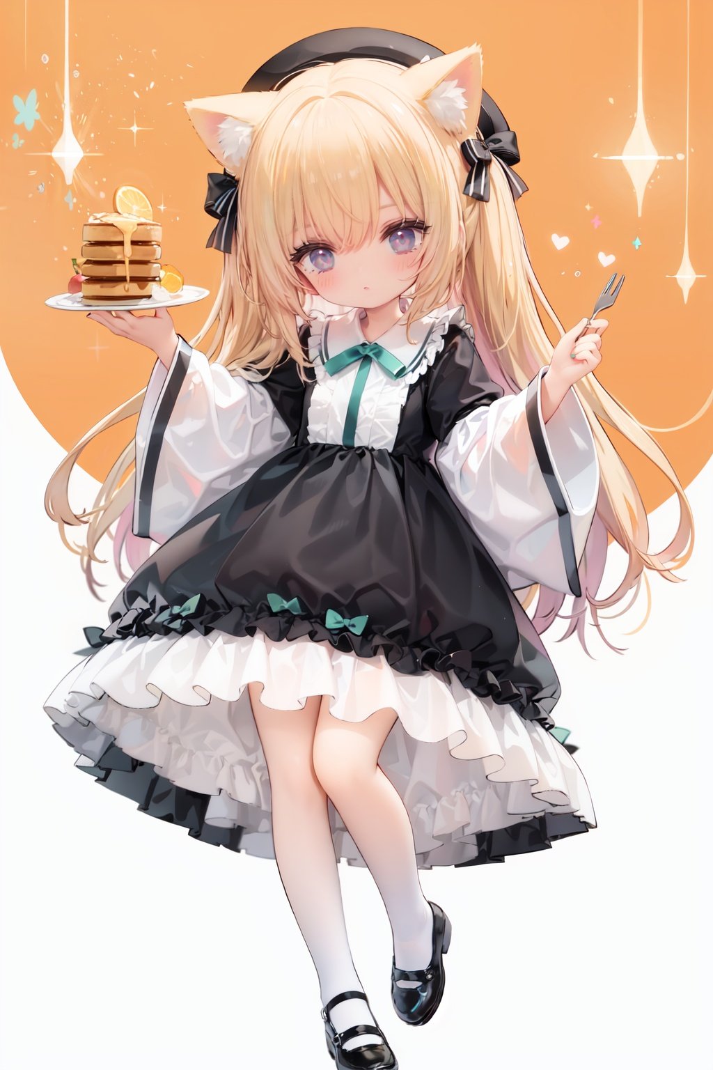 (cinematic lighting),  dreamy atmosphere,  Ray tracing,  (((solo))),  (loli:1.5),  (child:1.5),  (petite:1.5),  green eyes,  (animal ears),  dress,  solo,  food,  blonde hair,  open mouth,  long hair,  pancake,  flower,  holding,  bow,  smile,  fork,  bird,  socks,  looking at viewer,  shoes,  striped background,  holding fork,  bonnet,  striped,  frills,  long sleeves,  :d,  yellow dress,  bangs,  eyebrows visible through hair,  blush,  green nails,  hair bow,  nail polish,  diagonal stripes,  chick,  sparkle,  frilled dress,  orange bow,  fruit,  full body,  :3,  hair between eyes,  green bow,  puffy sleeves,  heart,  lemon,  orange footwear,  animal ear fluff,  white bow,  cat ears,  bobby socks,  orange headwear,  see-through sleeves,  blue background,  striped bow,  hair ornament,  white legwear,  mary janes