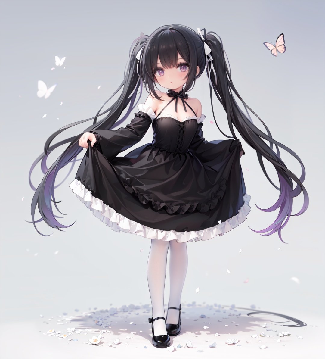 masterpiece, ((best quality)),  dynamic angle, chromatic aberration, ((colorful)),1girl, solo, black hair, long hair, dress, butterfly, bug, twintails, black footwear, lolita fashion, very long hair, pantyhose, black dress, long sleeves, bow, full body, bangs, flower, puffy sleeves, standing on one leg, shoes, white pantyhose, hair bow, looking at viewer, grey eyes, frills, standing, gothic lolita, blush, juliet sleeves, black bow, frilled dress, white flower, rose, closed mouth, skirt hold, petals, wide sleeves, mary janes, white rose