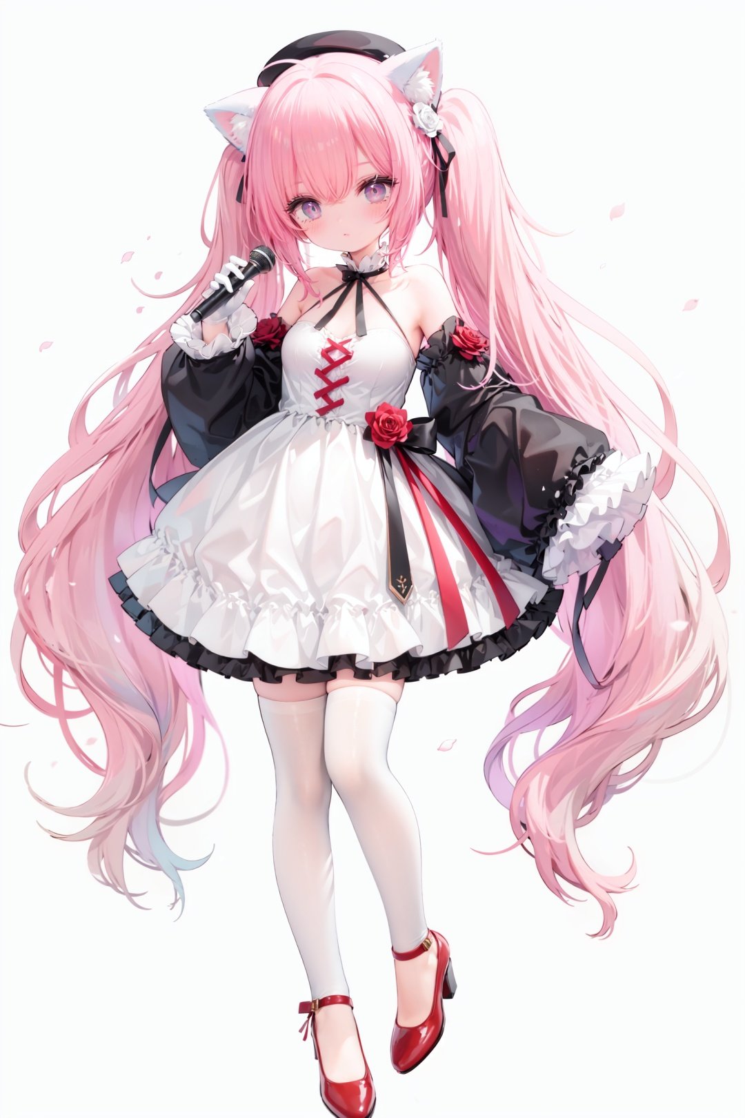 masterpiece, ((best quality)),  dynamic angle, chromatic aberration, ((colorful)),1girl, solo, flower, thighhighs, white thighhighs, gloves, red footwear, long hair, detached sleeves, animal ears, rose, blonde hair, looking at viewer, full body, hat, high heels, petals, dress, standing, twintails, wide sleeves, holding, shoes, frills, red flower, cat ears, bangs, microphone, long sleeves, white flower, hair ornament, white gloves, zettai ryouiki, bare shoulders, pink eyes, frilled dress, small breasts, breasts, closed mouth, skirt, beret, white headwear, very long hair, red eyes, red rose, white dress, blush, ribbon, black gloves, animal ear fluff, hair flower, pink flower