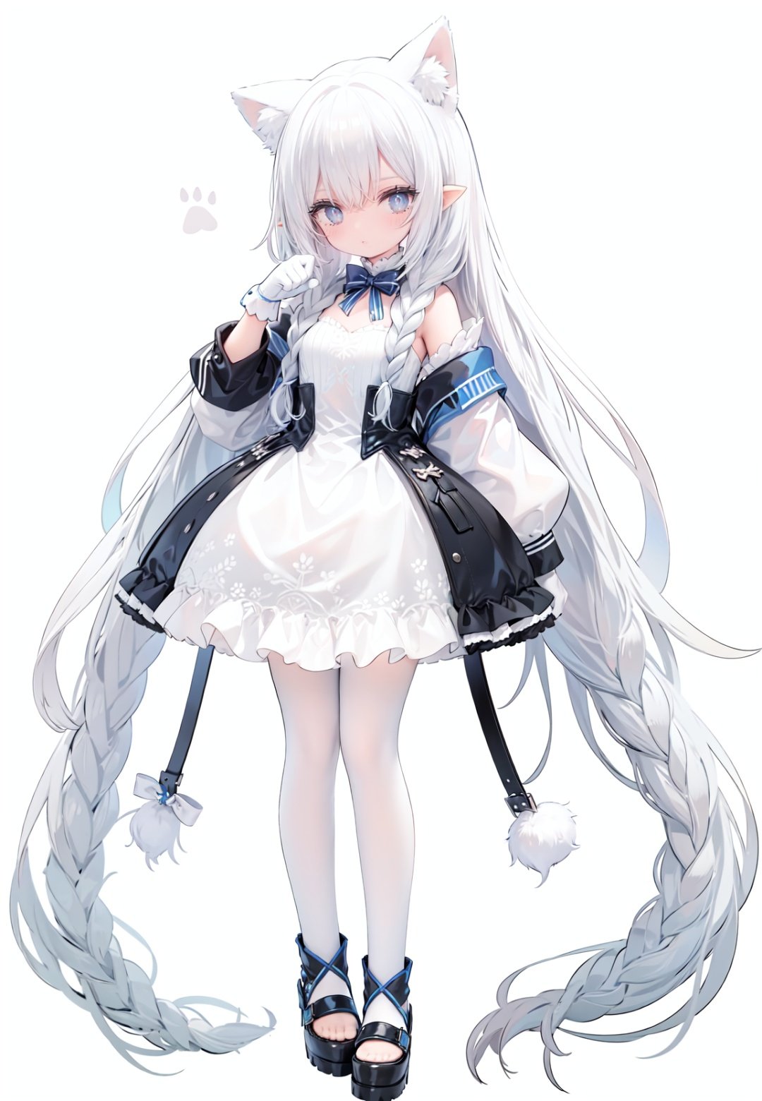 1girl, white_gloves, braid, full_body, gloves, long_hair, official_alternate_costume, pointy_ears, simple_background, solo, standing, very_long_hair, white_background,white hair,blue eyes,paw claw pose, open_mouth,