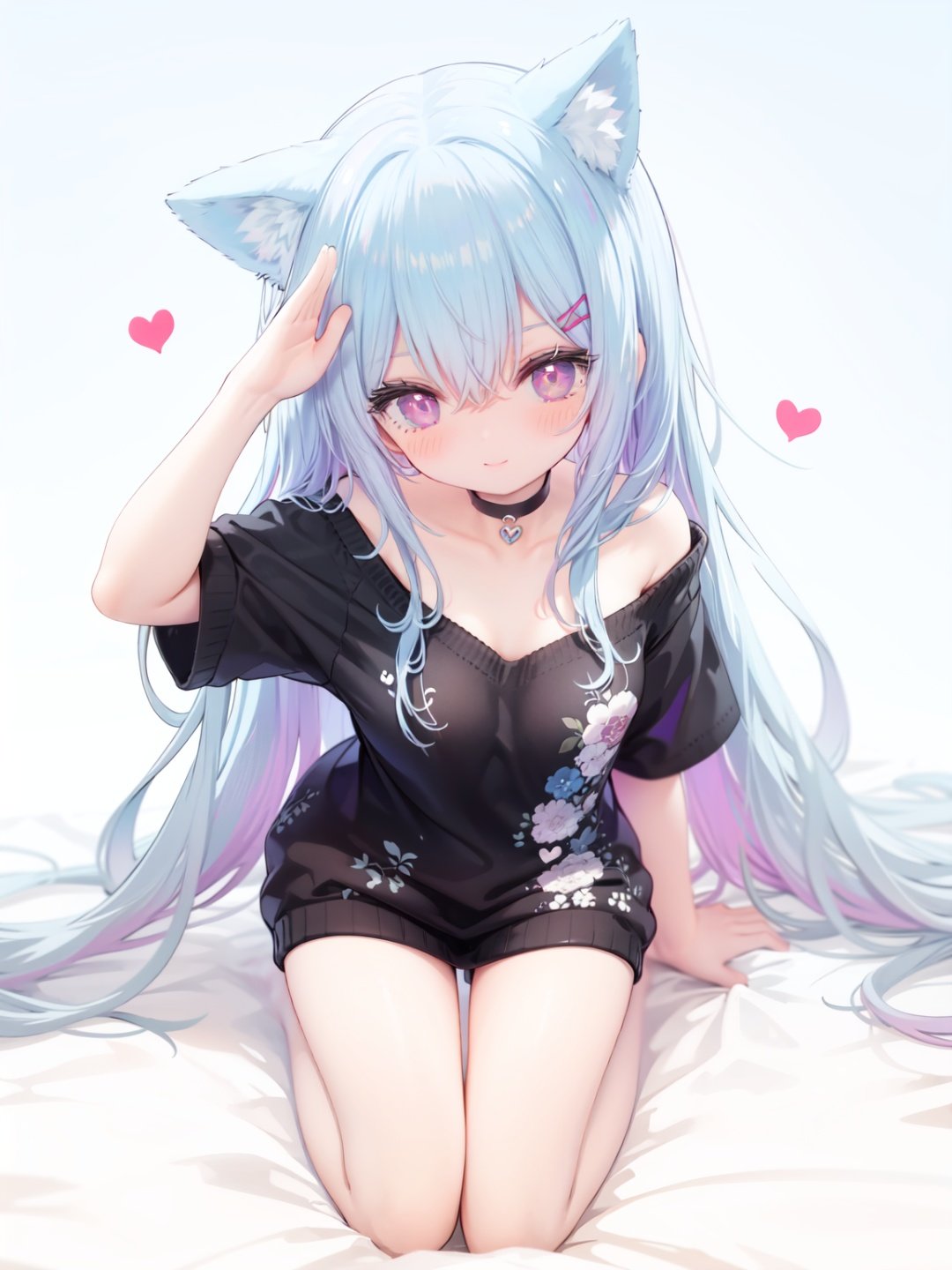 petite, loli, solo, animal ears, heart, puffy short sleeves, blue hair, long hair, off shoulder, bangs, hair ornament, gradient background,rainbow gradient, x hair ornament, animal ear fluff, looking at viewer, very long hair, blush, smile, cat ears, bare shoulders, collarbone, hand up, gradient sweater, hair between eyes, symbol-shaped pupils, arm up, heart-shaped pupils, hairclip, medium breasts, salute, bare legs,full body