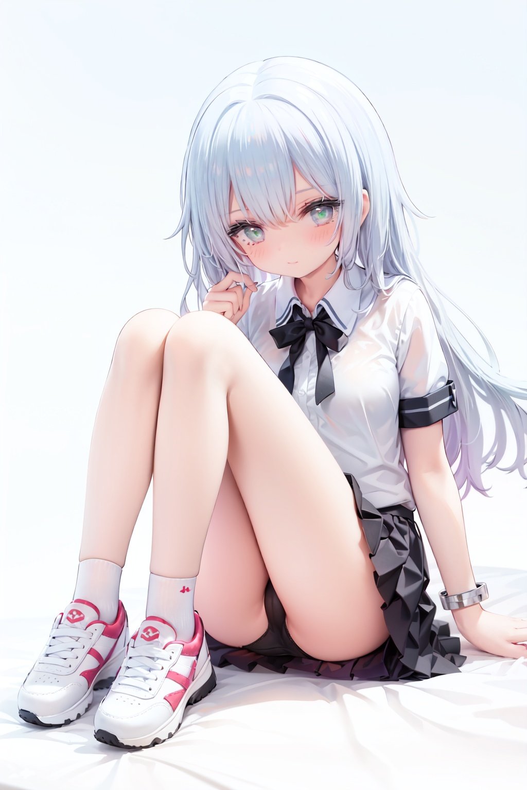 1girl, solo, green eyes, white hair, sitting, gradient hair, embarrassed, panties, skirt, looking at viewer, black panties, underwear, short sleeves, shoes, shirt, white shirt, gradient background, jewelry, blush, bangs, bare legs, knees up, bracelet, white skirt, collared shirt, pleated skirt, full body, pantyshot, :q, sidelocks, sneakers, white footwear, colored tips, legs, thighs, closed mouth, ass, long hair <lora:Kincora_8dim_V2U_e8:1:1,0,0,0,0,0,0,0,0,0,0,1,0.5,0,0,0,0>