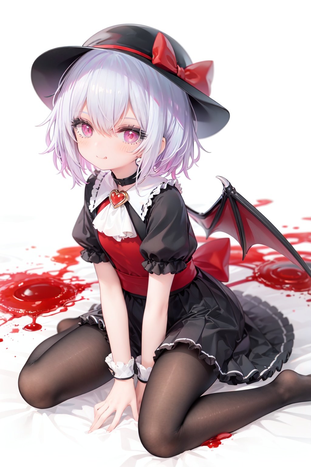 (little girl:1.4), (child:1.4),(petite:1.4), (loli:1.4),,,((solo:1.3)).,1girl, solo, wings, red eyes, hat, remilia scarlet, red background, mob cap, bat wings, ascot, blood, short sleeves, bow, short hair, ribbon, blood on hands, looking at viewer, simple background, full body, puffy sleeves, hat ribbon, blood on face, dress, brooch, red nails, pantyhose, red bow, puffy short sleeves, smile, black pantyhose, wrist cuffs, red ribbon, sitting, jewelry, red ascot, frills, hair between eyes, skirt, white dress, fingernails, sash, shirt, nail polish, no shoes, red theme, sharp fingernails, bangs, tongue, hat bow, grey hair, closed mouth, tongue out, white headwear, slit pupils, blood on clothes, skirt set, hand up, frilled sleeves, invisible chair, white skirt, vampire, frilled shirt collar/.,\nSolo,Battle, {{{{{Slash}}}}},Killing,Attacker,{{Fierce movement}},Ninja,Bloodstain,Core shadow,splatter,{Blood},{{{{Battle scene}}}},angry,Intricate,,{{{Dynamic angle}}},{Stylish pose},{High contrast,Extremely detailed CG unity 8K wallpaper} Sense of movement,blurry background,Kaotic,Lunatic,[[[[[hyper paint, rough design, flat color]]]]],Grin,Whole body,Colorful background,Intricate,Girl wearing black suit,Looking at viewers,{{Stylish}},Persona 5 style art,{{{all out attack(persona 5)}}}