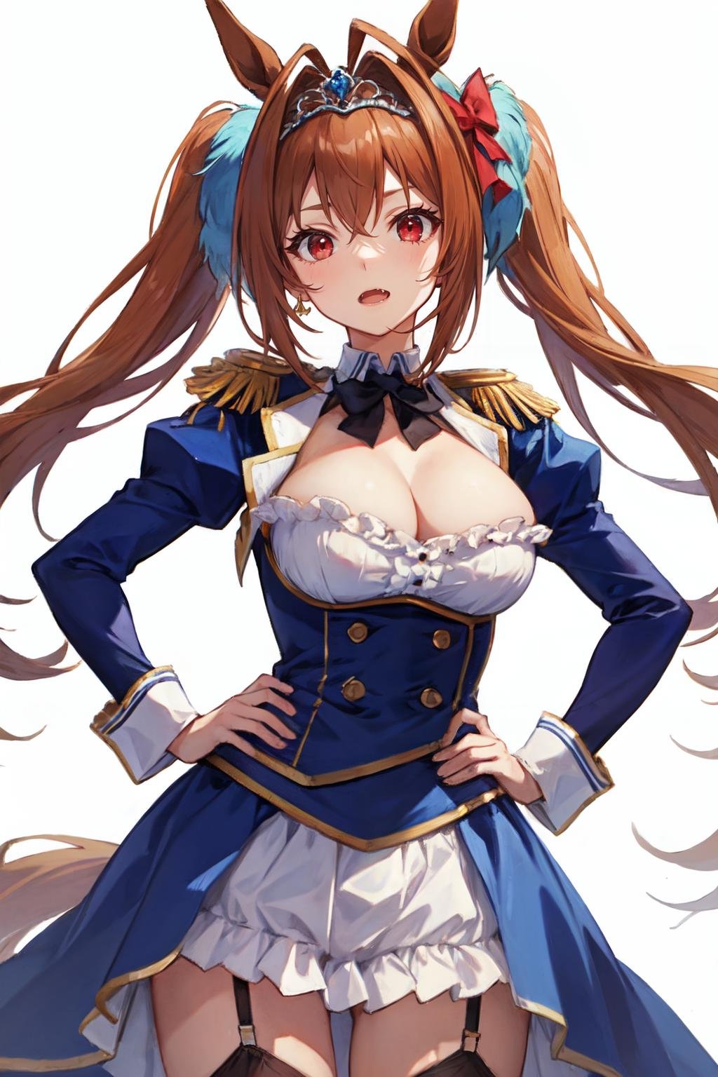 <lora:daiwa_scarlet:1>daiwa scarlet, brown hair, white background, open mouth, frills, long sleeves, fang, animal ears, hair intakes, tiara, puffy sleeves, very long hair, long hair, 1girl, hands on hips, twintails, solo, looking at viewer, large breasts, underbust, bow, horse girl, garter straps, red eyes, epaulettes, horse ears, framed breasts, simple background, skirt, juliet sleeves