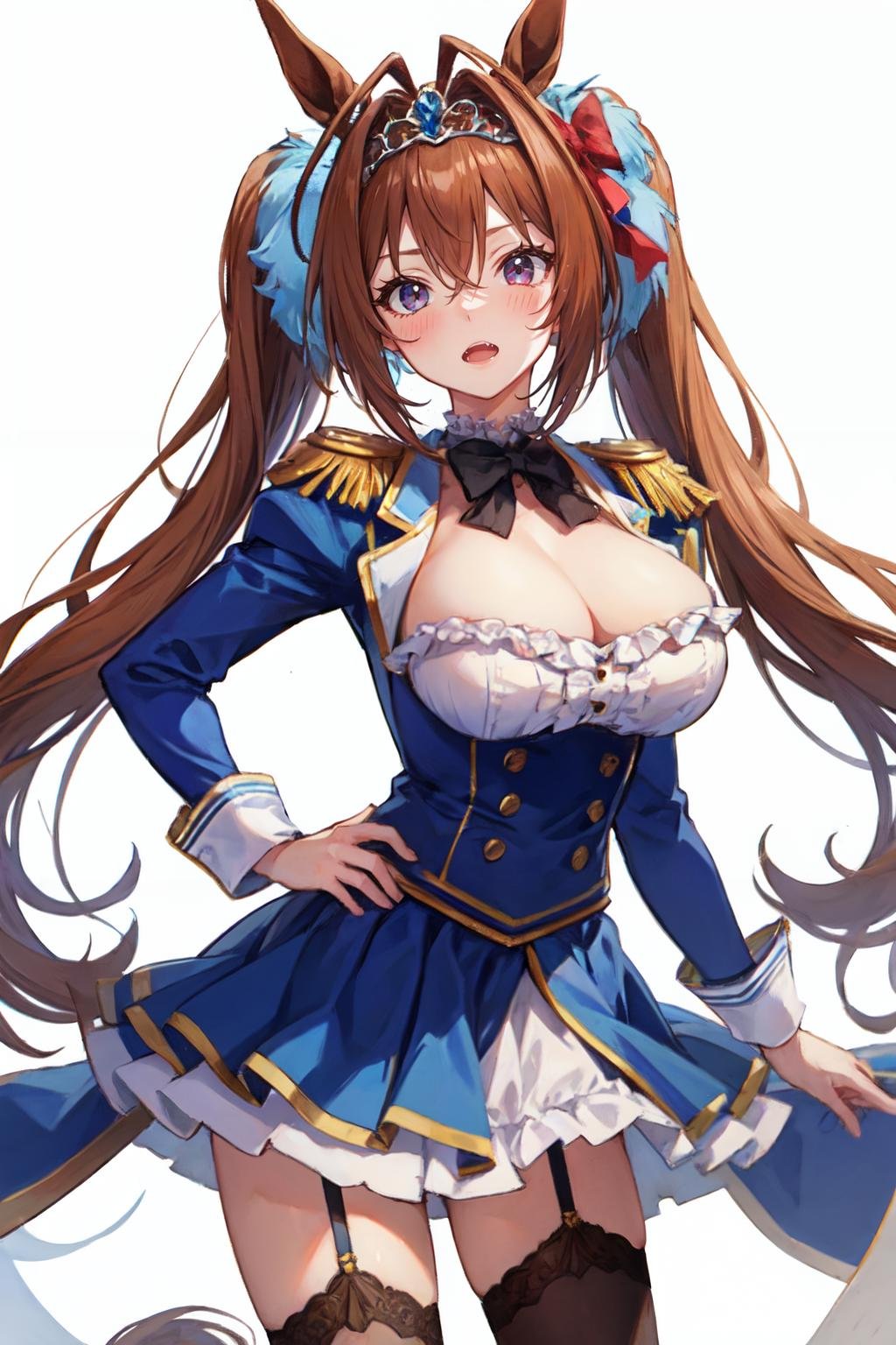 <lora:daiwa_scarlet:1>daiwa scarlet, hair between eyes, brown hair, white background, open mouth, frills, long sleeves, fang, center frills, animal ears, hair intakes, tiara, very long hair, long hair, 1girl, twintails, solo, looking at viewer, blue dress, large breasts, underbust, bow, horse girl, garter straps, epaulettes, hair bow, horse ears, blush, framed breasts, simple background, skirt, hand on hip, thighhighs