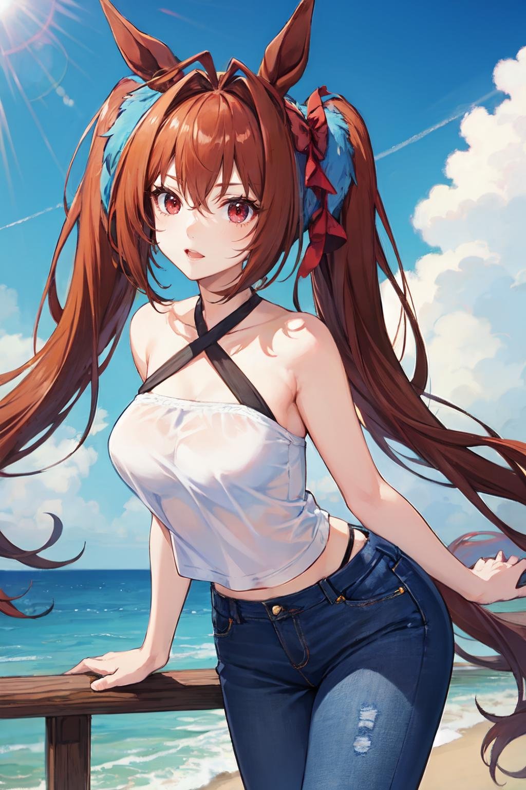 <lora:daiwa_scarlet:1>daiwa scarlet, brown hair, hair intake, red eyes, long hair, twintails, animal ears, horse girl, halter top, jeans