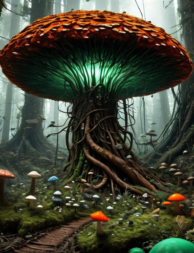 ((best quality)), ((masterpiece)), ((realistic,digital art)), (hyper detailed), DonMG414 Flecked Prolific Cylindrical Velvety mushroom, Knobby, Fibrillose, Fungal Filaments Entwined with Roots, Plateau, Terrestrial,   Quick Bruising,,Bluish Latex,,Flaring Ring,  Poisonous compounds, , octane rendering, raytracing, volumetric lighting, Backlit,Rim Lighting, 8K, HDR,   <lora:GaiasDaugthers-000014:0.8>