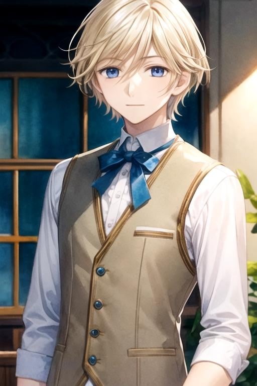 masterpiece, best quality, game cg, 1boy, solo, male focus, looking at viewer, upper body, depth of field, (watercolor illustration, soft pastel colors:1.1), , <lora:fai_d_flourite:0.66>, fai_d_flourite, blonde hair, blue eyes, suit vest, , , Blu-ray