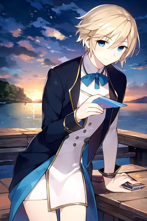 masterpiece, best quality, illustration, 1boy, solo, male focus, looking at viewer, , , , realistic, <lora:fai_d_flourite:0.70>, fai_d_flourite, blonde hair, blue eyes, , jetty, Blu-ray