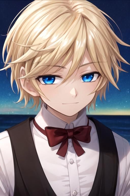 masterpiece, best quality, illustration, 1boy, solo, male focus, looking at viewer, , depth of field, , realistic, <lora:fai_d_flourite:0.66>, fai_d_flourite, blonde hair, blue eyes, dracula costume, pier,