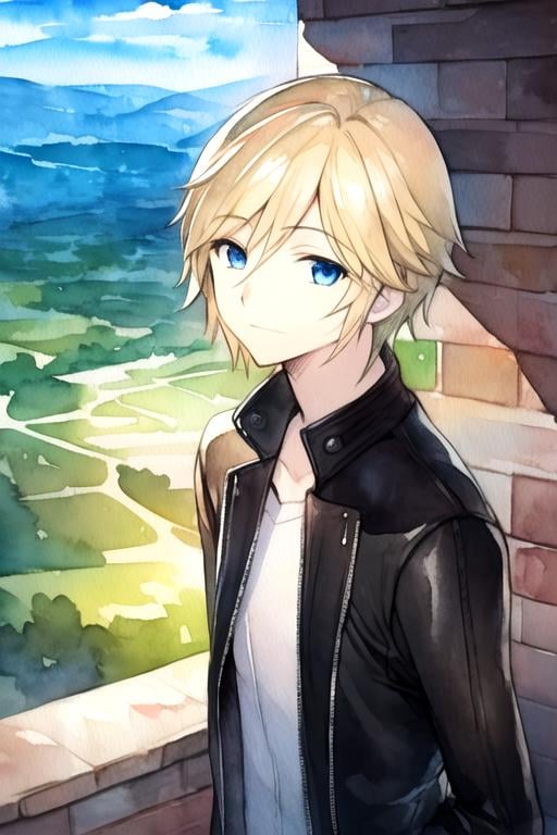 masterpiece, best quality, sketch, 1boy, solo, male focus, looking at viewer, upper body, depth of field, (watercolor illustration, soft pastel colors:1.1), realistic, <lora:fai_d_flourite:0.68>, fai_d_flourite, blonde hair, blue eyes, leather jacket, , valley,