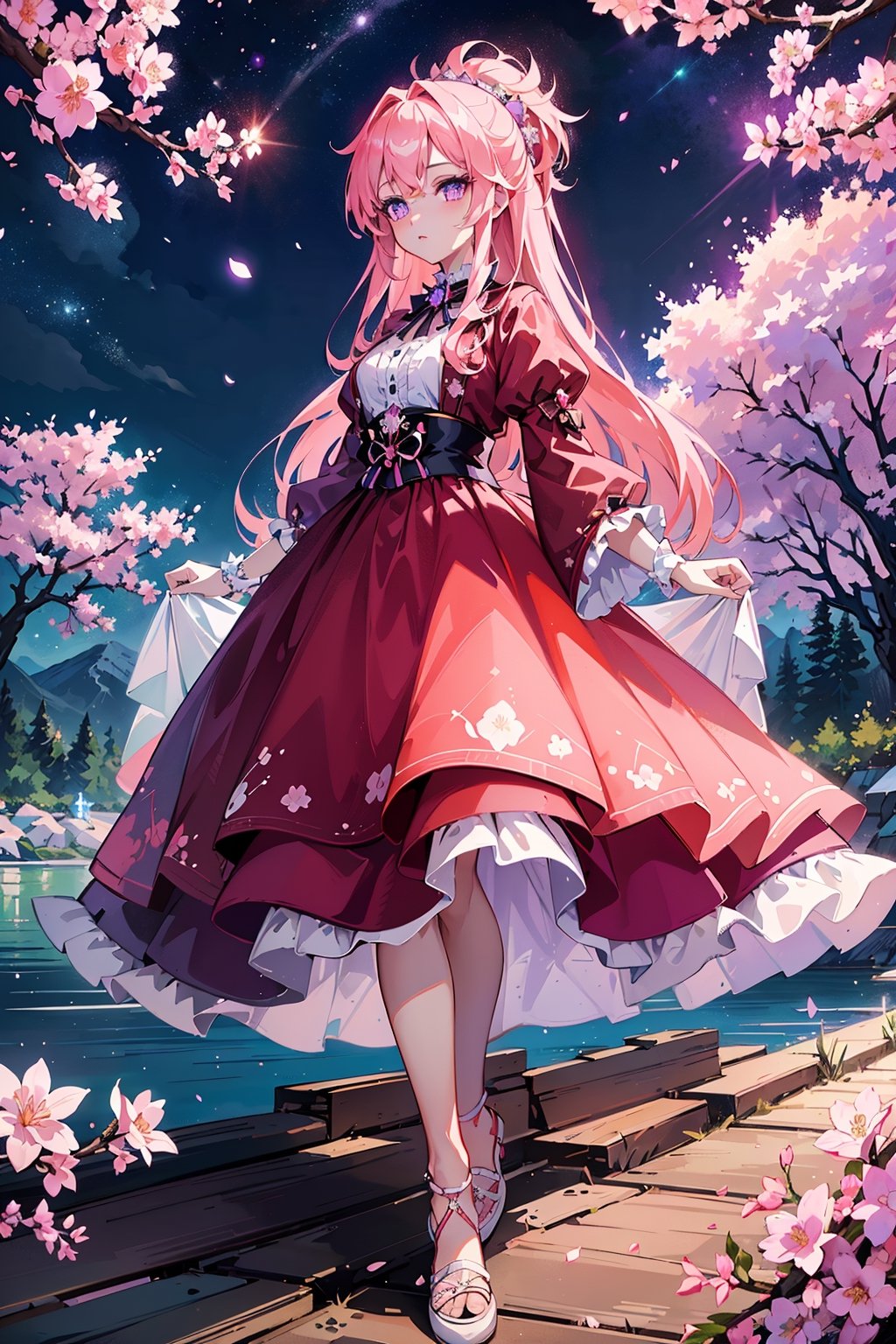 (best quality, 8K, ultra-detailed, masterpiece), (ultra-realistic, photorealistic), A mesmerizing scene featuring a lone girl with enchanting purple eyes, standing against a serene night background. The moon illuminates the surroundings, casting a soft glow on the cherry blossoms in full bloom. The girl is adorned in red fluffy clothes, creating a striking and dreamlike composition.