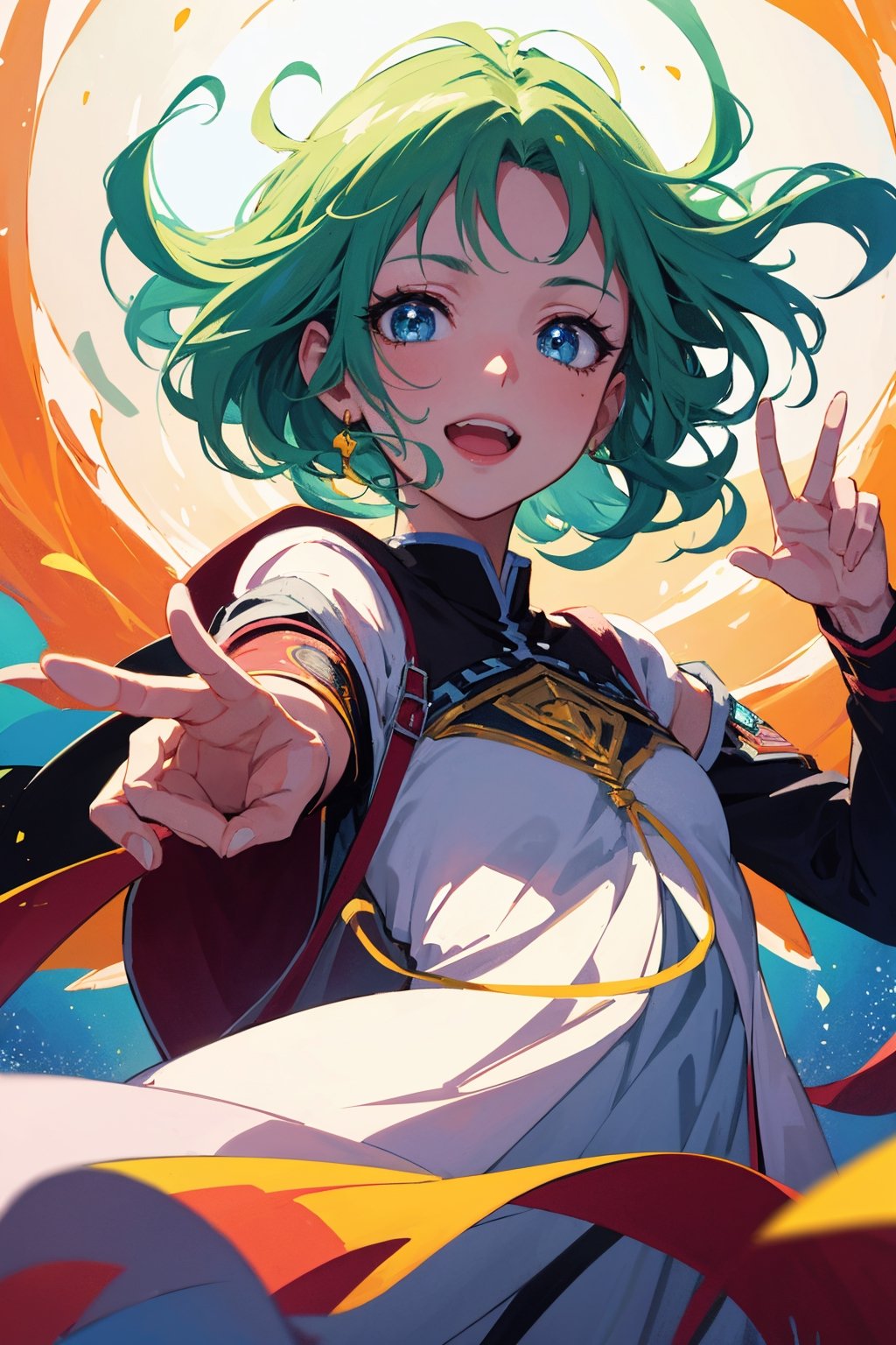 (best quality, vivid colors, anime:1.1), detailed eyes and face, flowing dress, vibrant background, gentle sunlight, cheerful expression, dynamic pose, artistic lighting