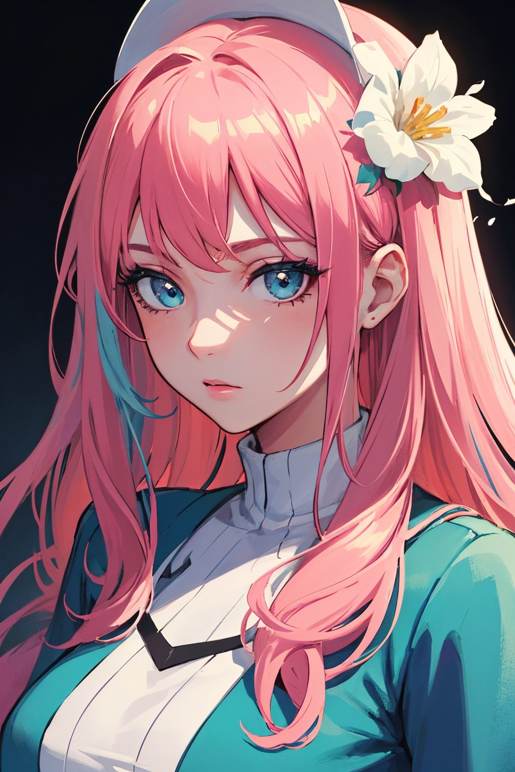 (Detailed Lights, Detailed Shadows), 1Woman, Pink Colored Hair, Close-up, Portrait, (Light Blue Colored Eyes), Extremely Detailed Clothes, ((Modern Clothes)), Beautiful Hair, Muscular, Hair Down, Extremely Detailed Background, Beautiful Background, (Long Hair), MakeUp, Pokemon Trainer, A White Flower on the Head