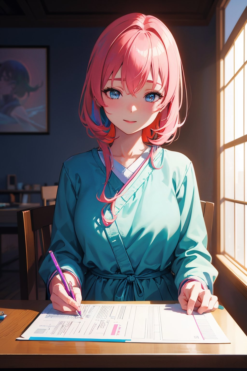 8K Ultra HD, an anime style digital illustration, soft anime tones, beautiful and cute woman writing on a sheet, leaning on a table, very happy face, in sitting in the room, colorful colors, pink, blue, yellow, colorful woman , colorful room , light blue dress, fantasy world, luminism, three-dimensional effect, enhanced beauty, Albert Anker, Kyoto Animation, Greg Rutkowski, Artgerm, WLOP, Alphonse Beeple, luminism, 3D rendering, octane rendering, isometric, incredible colors,