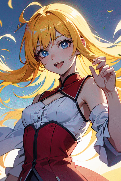 (best quality, vivid colors, anime:1.1), detailed eyes and face, flowing dress, vibrant background, gentle sunlight, cheerful expression, dynamic pose, artistic lighting