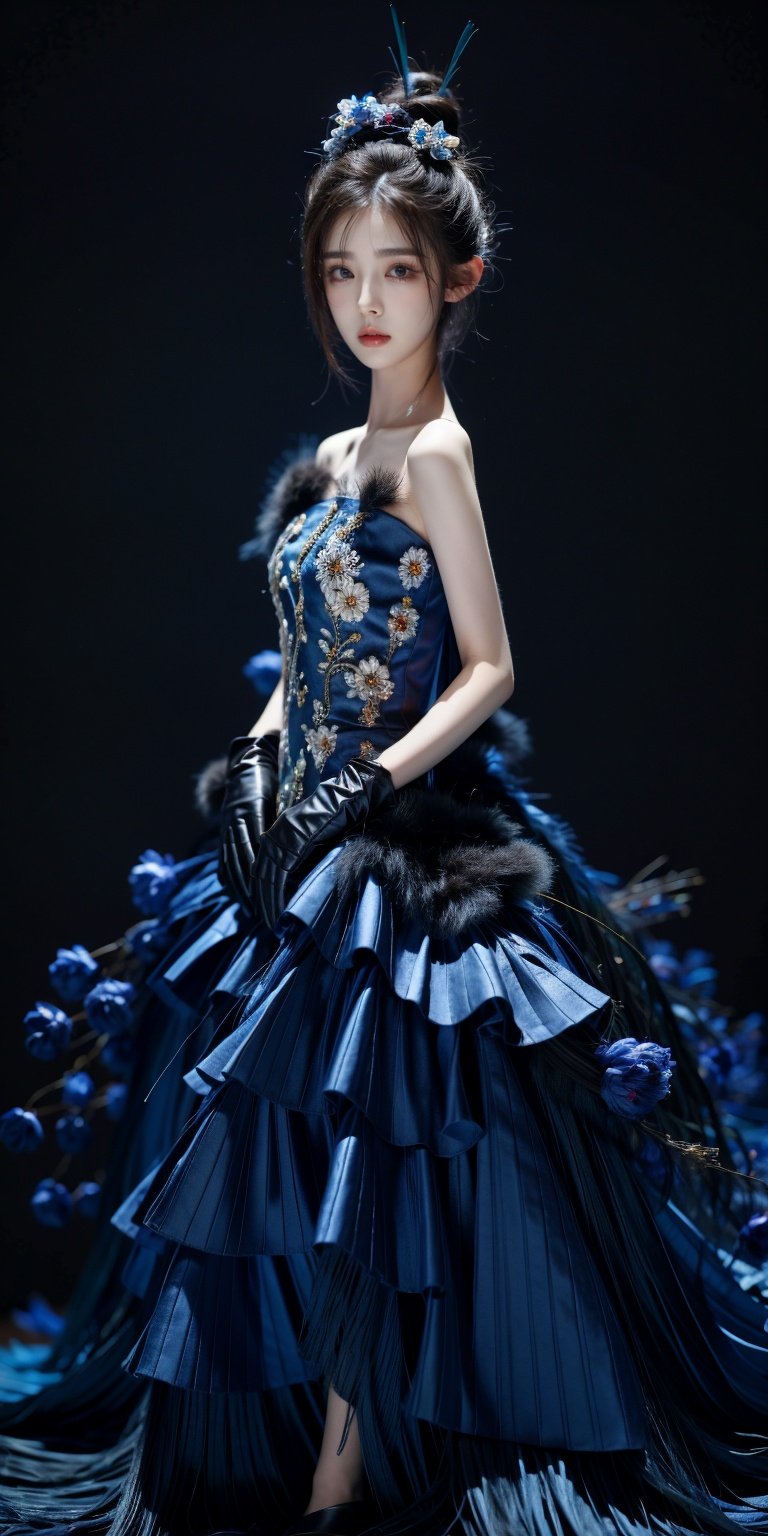 Peacock, 1 girl, solo, dress, gloves, feather dress, look at the audience, hair accessories, elbow gloves, Blue Eyes, cowboy shoot, standing, Hair Bun, bare shoulders, dress, hair bun, black gloves, flowers, Bangs, gray hair, shut up, black background, simple background,1 girl,yuzu,huolinger