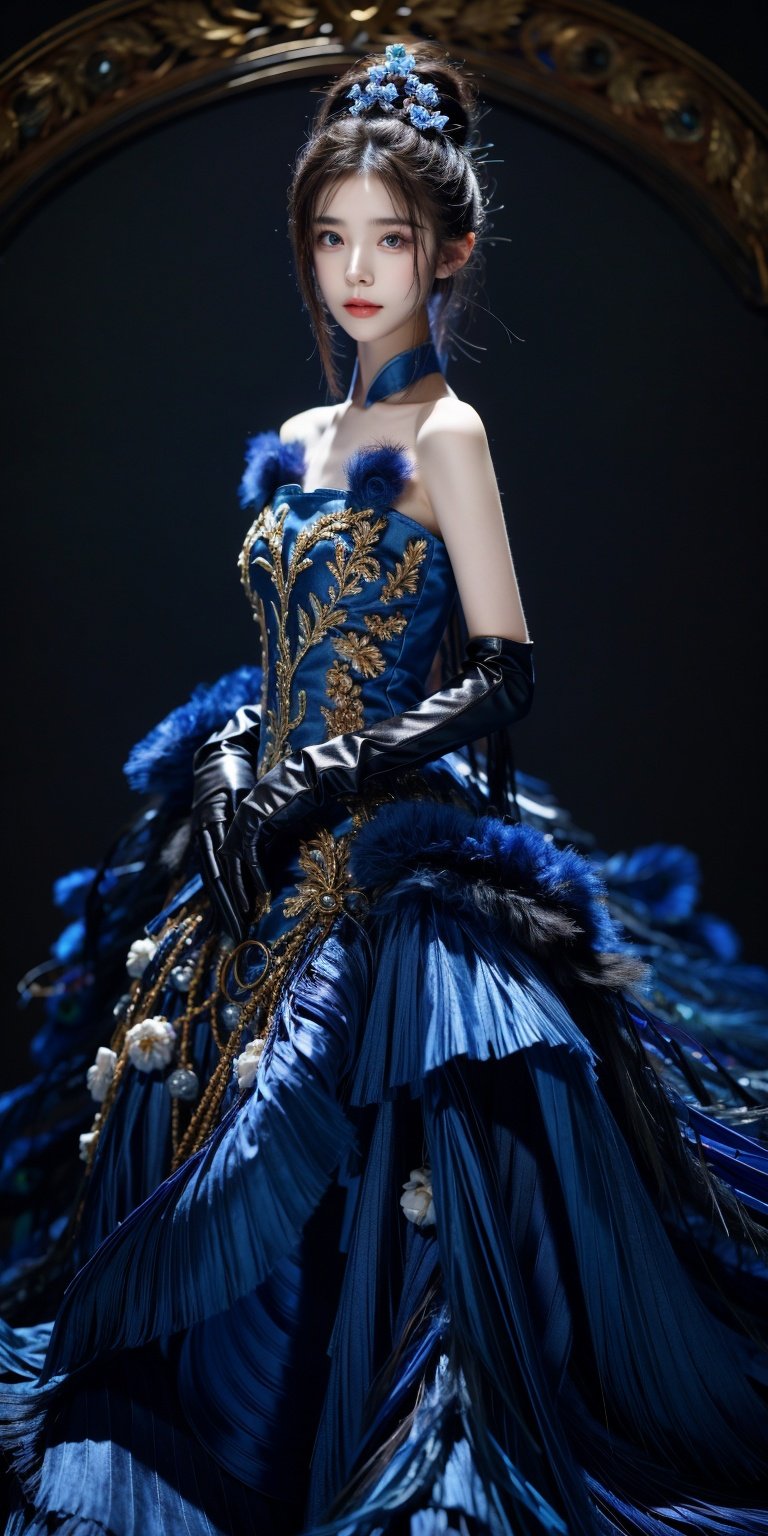 Peacock, 1 girl, solo, dress, gloves, feather dress, look at the audience, hair accessories, elbow gloves, Blue Eyes, cowboy shoot, standing, Hair Bun, bare shoulders, dress, hair bun, black gloves, flowers, Bangs, gray hair, shut up, black background, simple background,1 girl,yuzu,xinjiang,long_hair,looking_at_viewer, kind smile, pose for picture,  floating hair, 