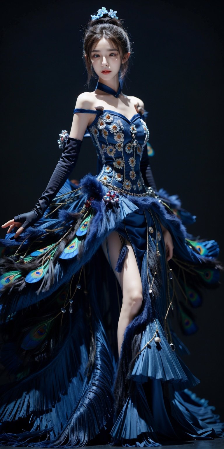 Peacock, 1 girl, solo, dress, gloves, feather dress, look at the audience, hair accessories, elbow gloves, Blue Eyes, cowboy shoot, standing, Hair Bun, bare shoulders, dress, hair bun, black gloves, flowers, Bangs, gray hair, shut up, black background, simple background,1 girl,yuzu,xinjiang,long_hair,looking_at_viewer, kind smile, pose for picture,  floating hair, 