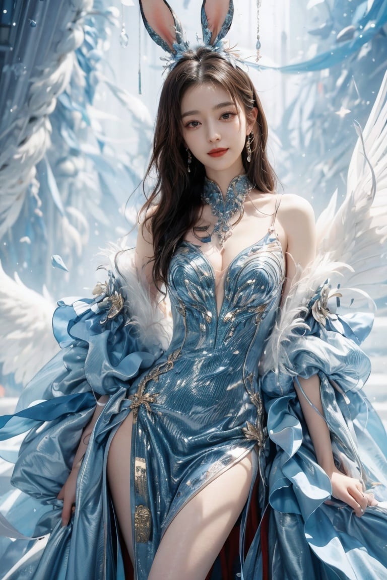 fullbody,1girl,(best quality), Nine-headed body,Flattering figure, Masterpiece, best quality, ultra detailed, fine details, ultra high resolution,real skin,white and blue,red lips,Very tight gelcoat,,long leg,Gold and silver, Bunny Girl dress, 
xiaowu,looking_at_viewer,kind smile