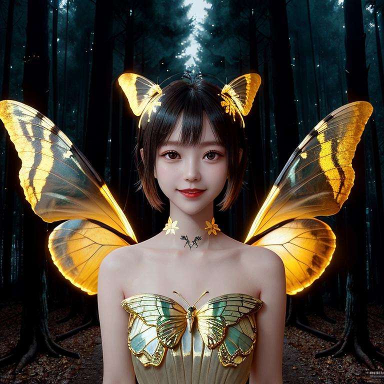 (Masterpiece, best quality, complex details),unreal engine, portrait,1girl, tiny cute and adorable, smile, wearing butterfly suit, bare shoulders, chitin, 2 wings, (translucent, golden butterfly_wings), powdered gold,(forest:1.6), colorful, rimming light, lighting effect,<lora:ButterflyX:0.7><lora:koreanDollLikeness_v15:0.3> <lora:fanSiSi_v11:0.3> <lora:Ningning_v10:0.3>