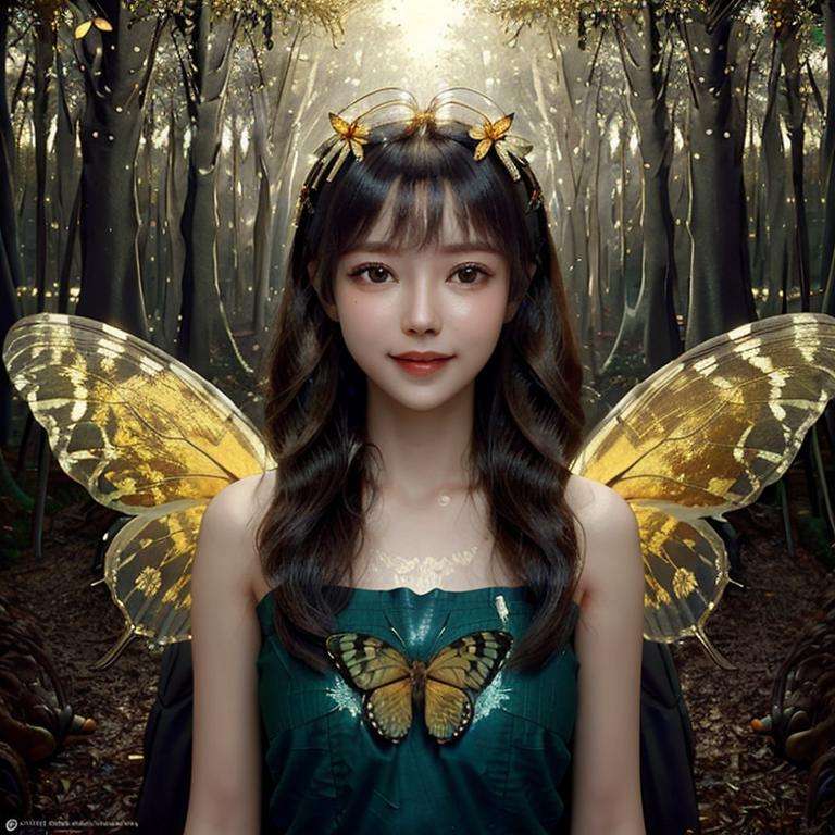 (Masterpiece, best quality, complex details),unreal engine, portrait,1girl, tiny cute and adorable, smile, wearing the beautiful butterfly, bare shoulders, chitin, 2 wings, (translucent, golden butterfly_wings), powdered gold,(forest:1.6), colorful, rimming light, lighting effect, <lora:ButterflyX:0.4> <lora:oliviaDiffusion_v2:0.3><lora:koreanDollLikeness_v15:0.3> <lora:fanSiSi_v11:0.5>  <lora:hipoly3DModelLora_v10:0.4>