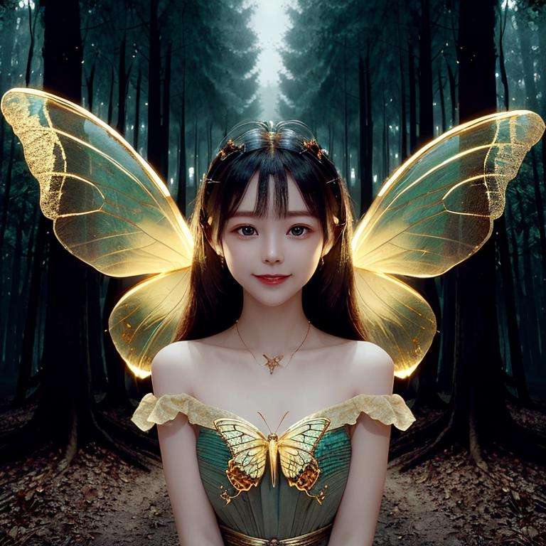 (Masterpiece, best quality, complex details),unreal engine, portrait,1girl, tiny cute and adorable, smile, wearing the beautiful butterfly, bare shoulders, chitin, 2 wings, (translucent, golden butterfly_wings), powdered gold,(forest:1.6), colorful, rimming light, lighting effect,<lora:ButterflyX:0.7><lora:koreanDollLikeness_v15:0.3> <lora:fanSiSi_v11:0.3> <lora:Ningning_v10:0.3>