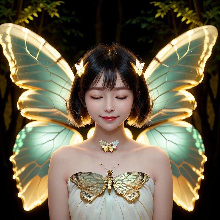 (Masterpiece, best quality, complex details),unreal engine, portrait,1girl, tiny cute and adorable, smile, bow the head, closed eyes, praying, wearing butterfly suit, bare shoulders, chitin, 2 wings, (translucent, golden butterfly_wings), powdered gold,backlighting, (lighting forest), colorful, rimming light, lighting effect,<lora:ButterflyX:0.7><lora:koreanDollLikeness_v15:0.3> <lora:fanSiSi_v11:0.3> <lora:Ningning_v10:0.3>