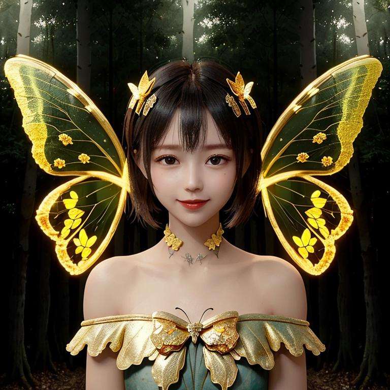 (Masterpiece, best quality, complex details),unreal engine, portrait,1girl, tiny cute and adorable, smile, pray, bow the head, close eyes, wearing butterfly suit, bare shoulders, chitin, 2 wings, (translucent, golden butterfly_wings), powdered gold,(forest:1.6), colorful, rimming light, lighting effect,<lora:ButterflyX:0.7><lora:koreanDollLikeness_v15:0.3> <lora:fanSiSi_v11:0.3> <lora:Ningning_v10:0.3>