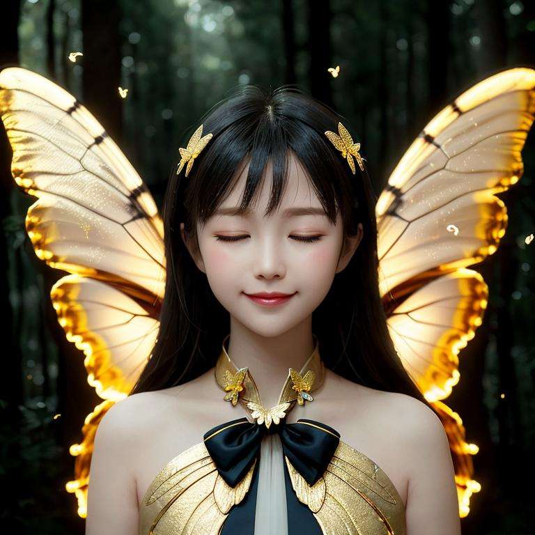 (Masterpiece, best quality, complex details),unreal engine, portrait,1girl, tiny cute and adorable, smile, bow the head, closed eyes, praying, wearing butterfly suit, bare shoulders, chitin, 2 wings, (translucent, golden butterfly_wings), powdered gold, backlighting, (bright forest), colorful, rimming light, lighting effect,<lora:ButterflyX:0.7><lora:koreanDollLikeness_v15:0.3> <lora:fanSiSi_v11:0.3> <lora:Ningning_v10:0.3>