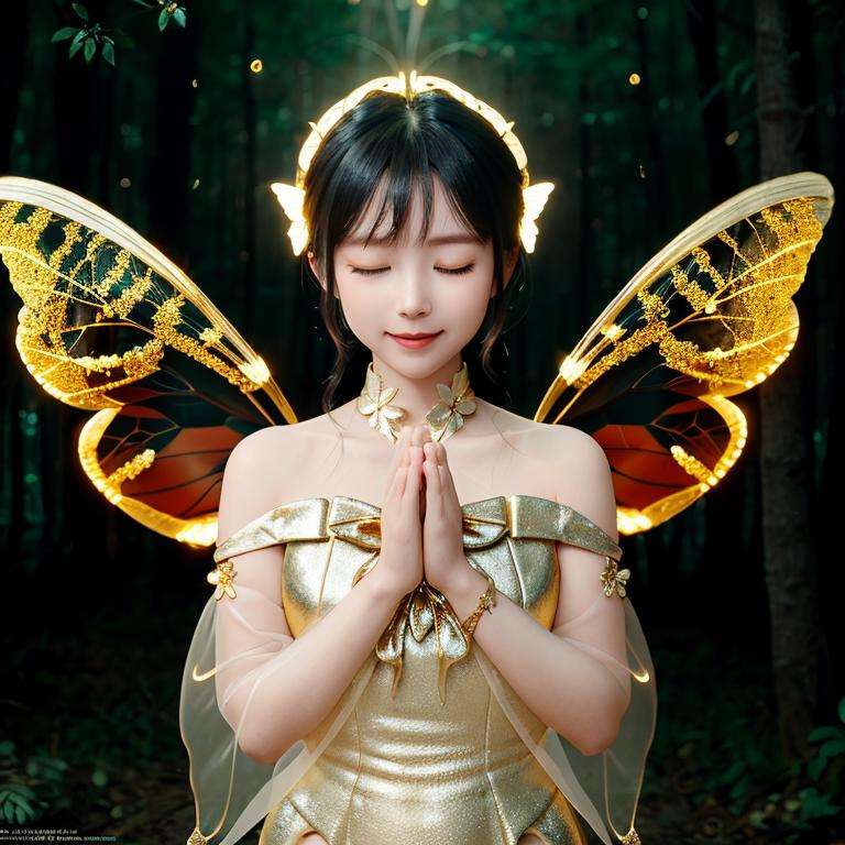 (Masterpiece, best quality, complex details),unreal engine, portrait,1girl, tiny cute and adorable, smile, bow the head, closed eyes, praying, wearing butterfly suit, bare shoulders, chitin, 2 wings, (translucent, golden butterfly_wings), powdered gold,(lighting forest), colorful, rimming light, lighting effect,<lora:ButterflyX:0.7><lora:koreanDollLikeness_v15:0.3> <lora:fanSiSi_v11:0.3> <lora:Ningning_v10:0.3>