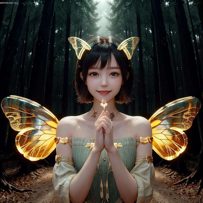 (Masterpiece, best quality, complex details),unreal engine, portrait,1girl, tiny cute and adorable, smile, bare shoulders, chitin, 2 wings, (translucent, golden butterfly_wings), powdered gold,(forest:1.6), colorful, rimming light, lighting effect,<lora:ButterflyX:0.7><lora:koreanDollLikeness_v15:0.3> <lora:fanSiSi_v11:0.3> <lora:Ningning_v10:0.3>