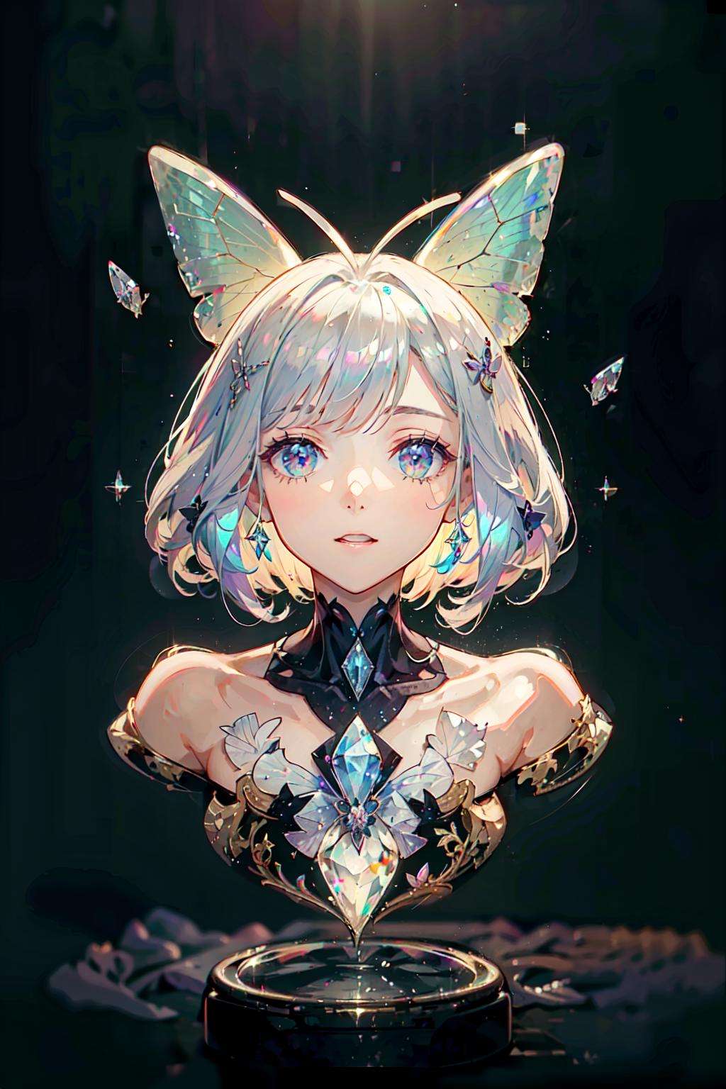 portrait,1girl, gemstone butterfly wings dress, ButterflyX, mecha, diamond, bare shoulders, butterfly, looking at viewer, in the sky, flying, bright colors, lighting, (ray tracing:1.4), depth of field, <lora:ButterflyX_v26:0.8> <lora:gemstoneai_v10:0.6>masterpiece, best quality, 