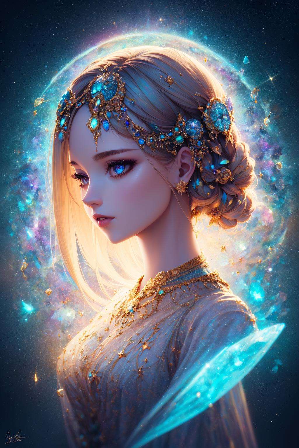 ((best quality)), ((masterpiece)), ((realistic)), portrait,1girl, celestial, deity, goddess, light particles, halo, looking at viewer,(bioluminescent:0.95) ocean, bioluminescent, vibrant, colourful, color, (glowing, glow),(beautiful composition), cinematic lighting, intricate, (symmetrical:0.5), whimsical,<lora:ButterflyX_v26:0.85>