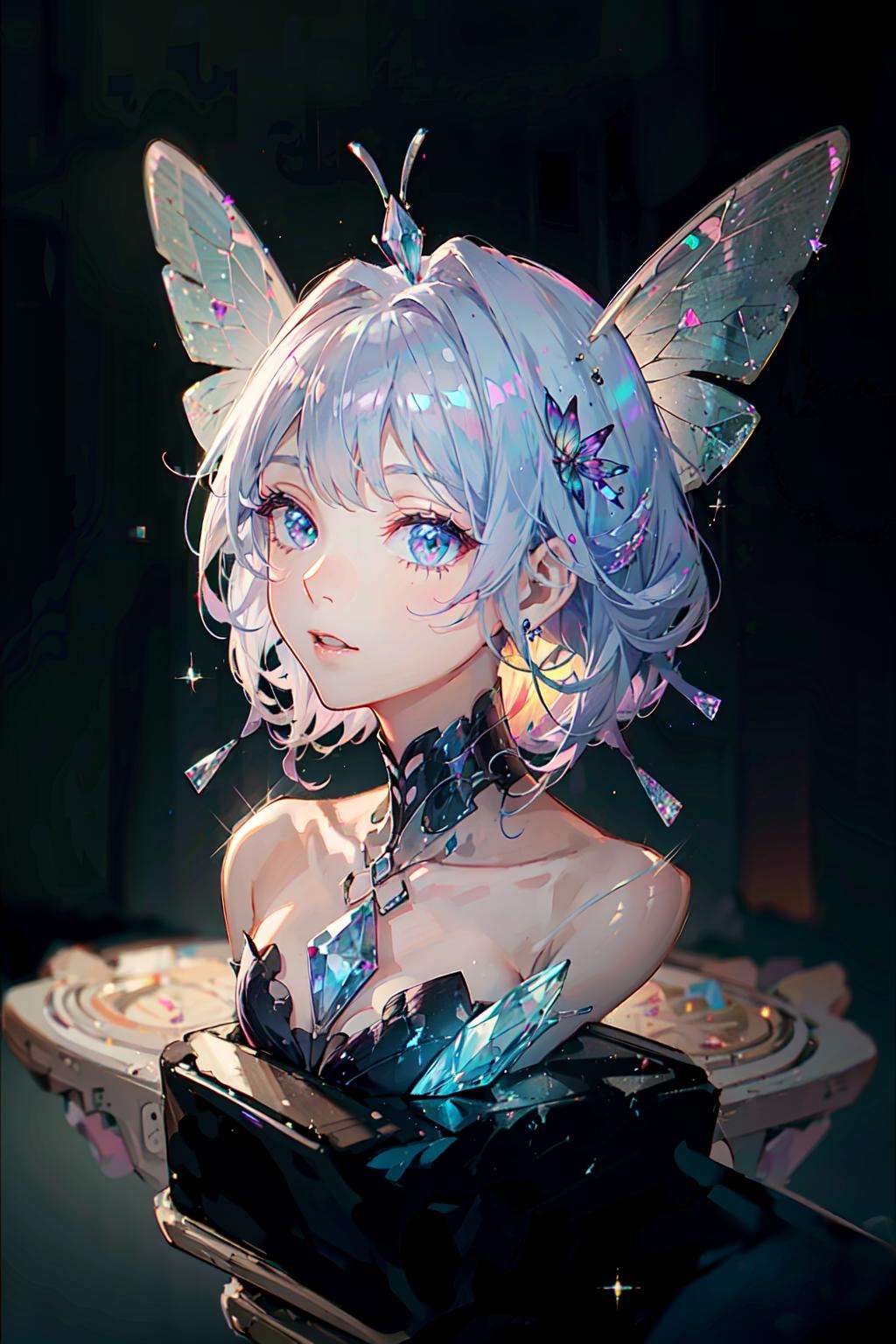 portrait,1girl, gemstone butterfly wings dress, ButterflyX, mecha, diamond, bare shoulders, butterfly, looking at viewer, in the sky, flying, bright colors, lighting, (ray tracing:1.4), depth of field, <lora:ButterflyX_v26:0.8> <lora:gemstoneai_v10:0.6>masterpiece, best quality, 