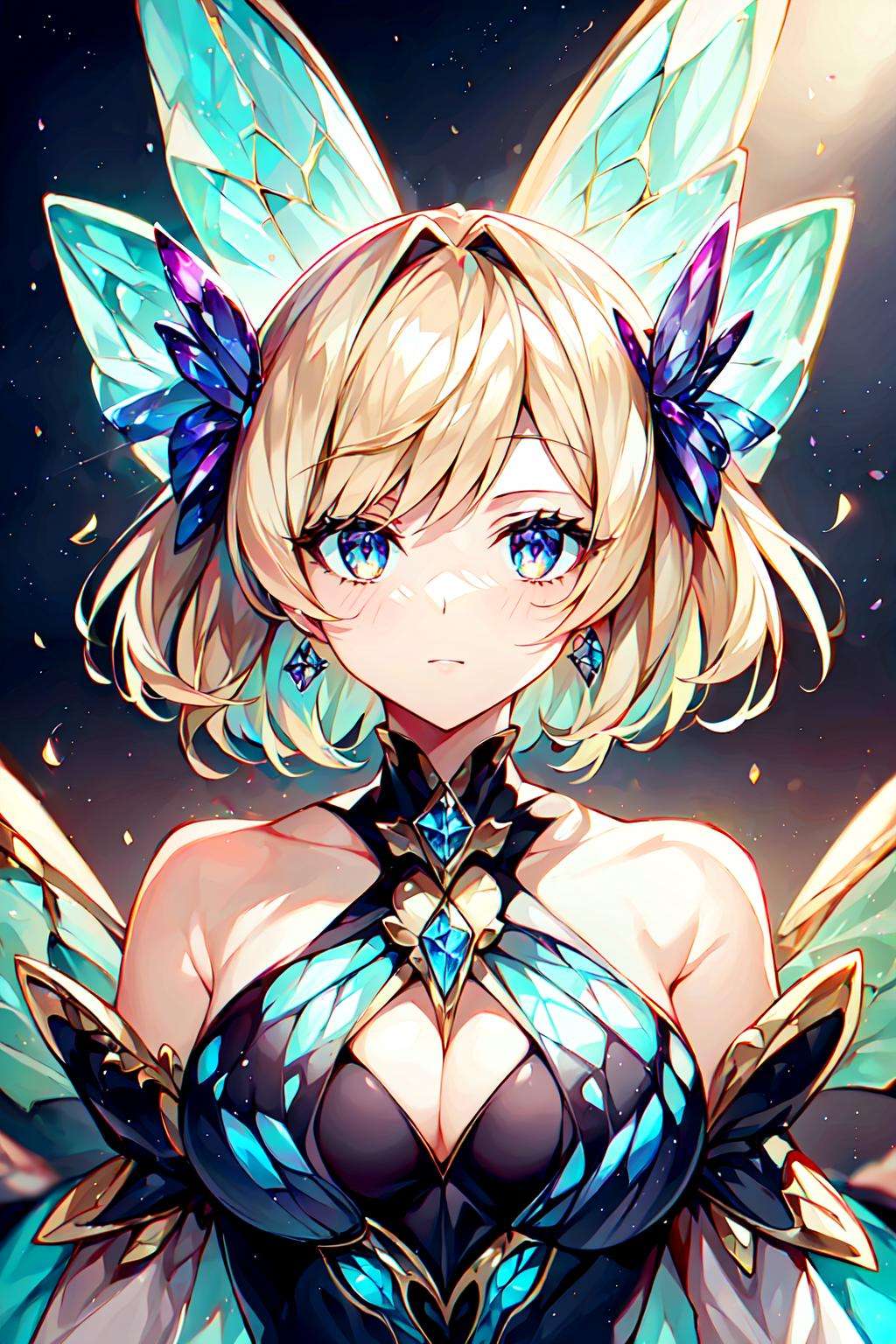 portrait,1girl, gemstone butterfly wings dress, ButterflyX, mecha, diamond, bare shoulders, butterfly, looking at viewer, in the sky, flying, bright colors, lighting, (ray tracing:1.4), depth of field, <lora:ButterflyX_v26:0.8> <lora:gemstoneai_v10:0.6>masterpiece, best quality, 