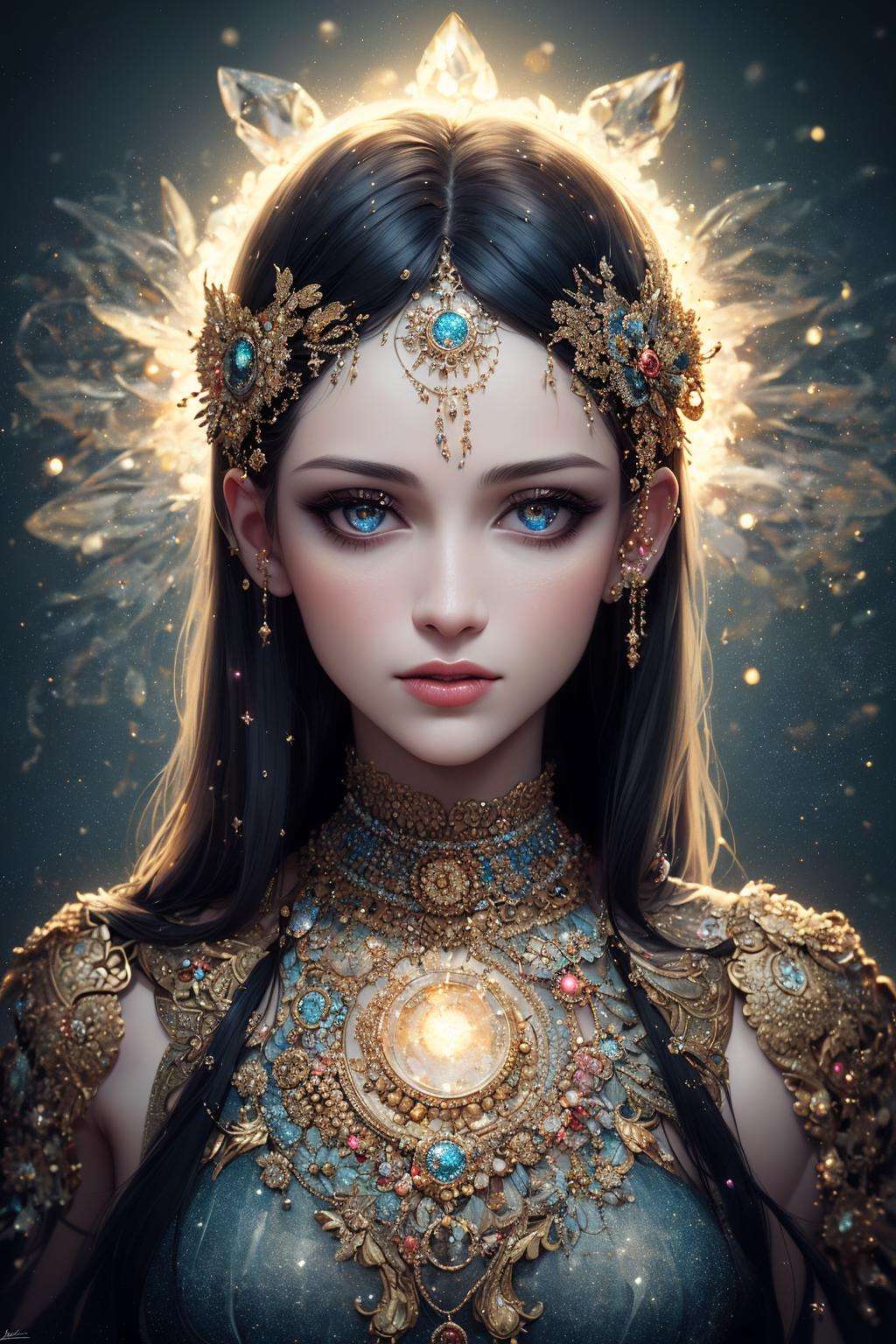 ((best quality)), ((masterpiece)), ((realistic)), portrait,1girl, celestial, deity, goddess, light particles, halo, looking at viewer,(bioluminescent:0.95), vibrant, colourful, color, (glowing, glow),(beautiful composition), cinematic lighting, intricate, (symmetrical:0.5), whimsical,<lora:ButterflyX_v26:0.6>