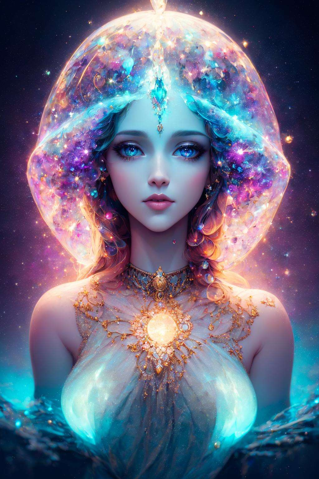 ((best quality)), ((masterpiece)), ((realistic)), portrait,1girl, celestial, deity, goddess, light particles, halo, looking at viewer,(bioluminescent:0.95) ocean, bioluminescent, vibrant, colourful, color, (glowing, glow),(beautiful composition), cinematic lighting, intricate, (symmetrical:0.5), whimsical,<lora:ButterflyX_v26:0.85>