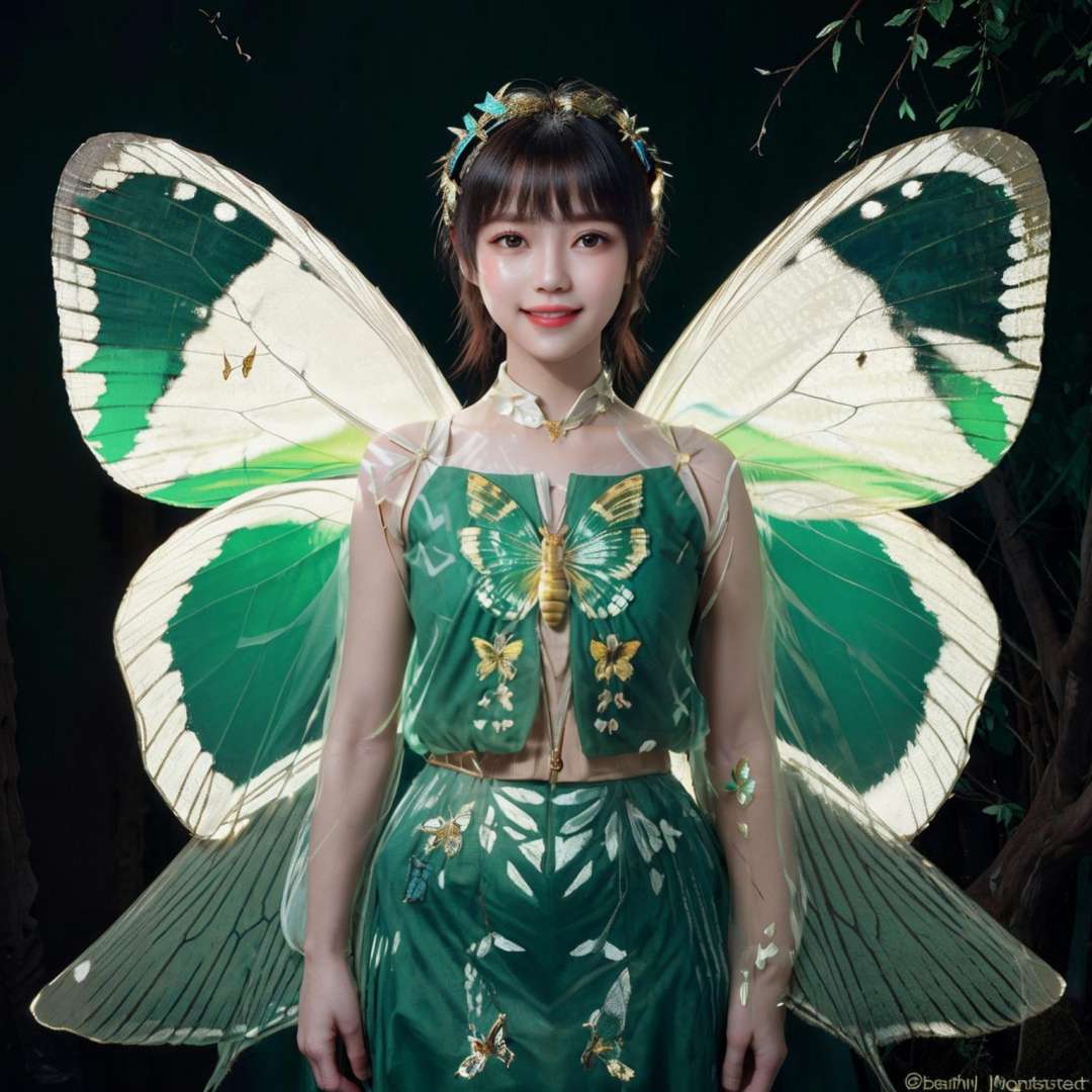 (Masterpiece, best quality, complex details),unreal engine, portrait,1girl, tiny cute and adorable, smile, wearing the beautiful butterfly, bare shoulders, chitin, 2 wings, (translucent, golden butterfly_wings), powdered gold,(forest:1.6), colorful, rimming light, lighting effect, <lora:ButterflyS:0.4> <lora:oliviaDiffusion_v2:0.3><lora:koreanDollLikeness_v15:0.3> <lora:fanSiSi_v11:0.5>  <lora:hipoly3DModelLora_v10:0.4>